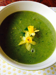 Lente soep met tuinbonen, kapucijners en avocado